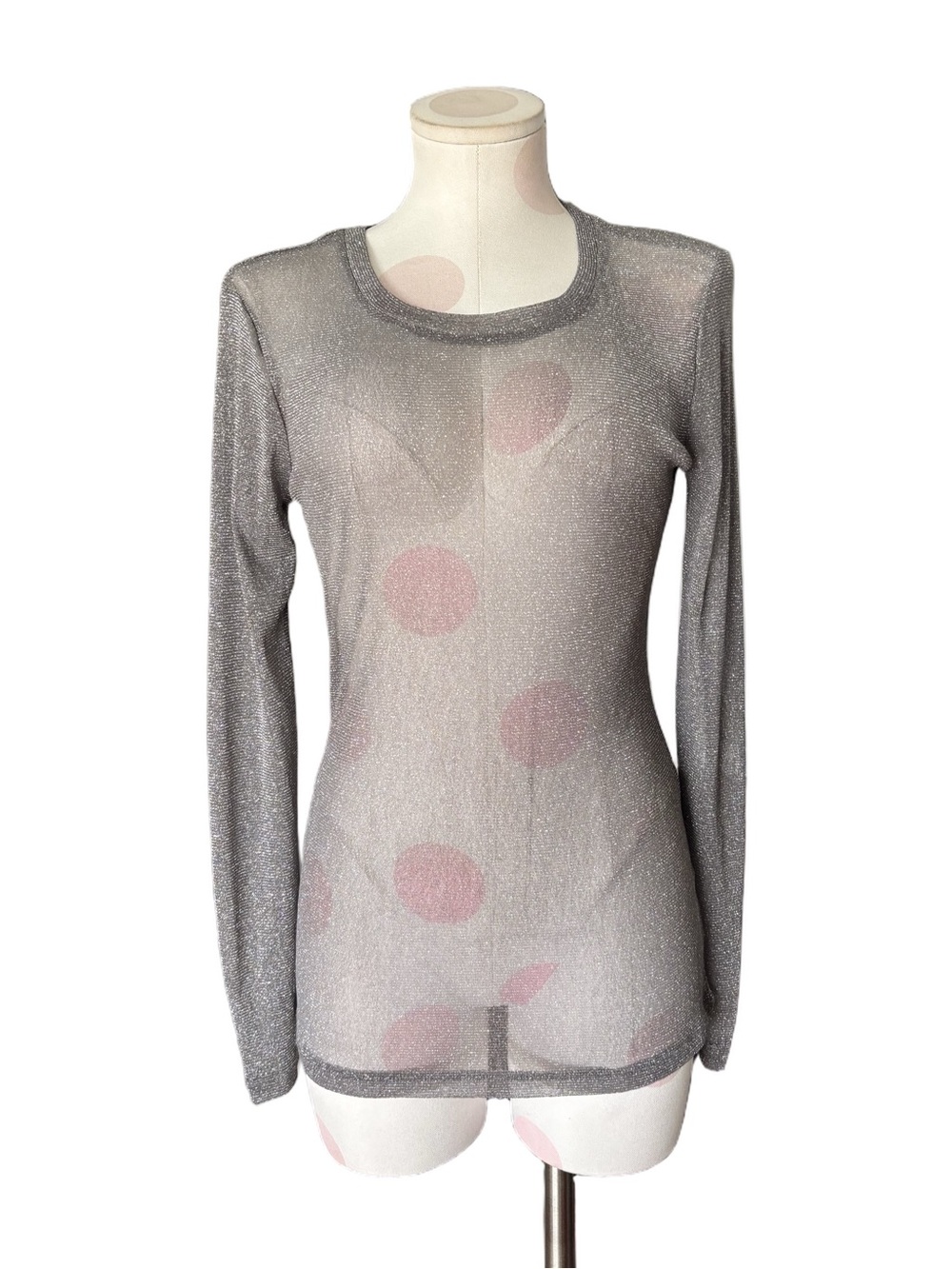 Sheer Metallic Shimmer Top - Silver Lurex Knit - Long Sleeve - small